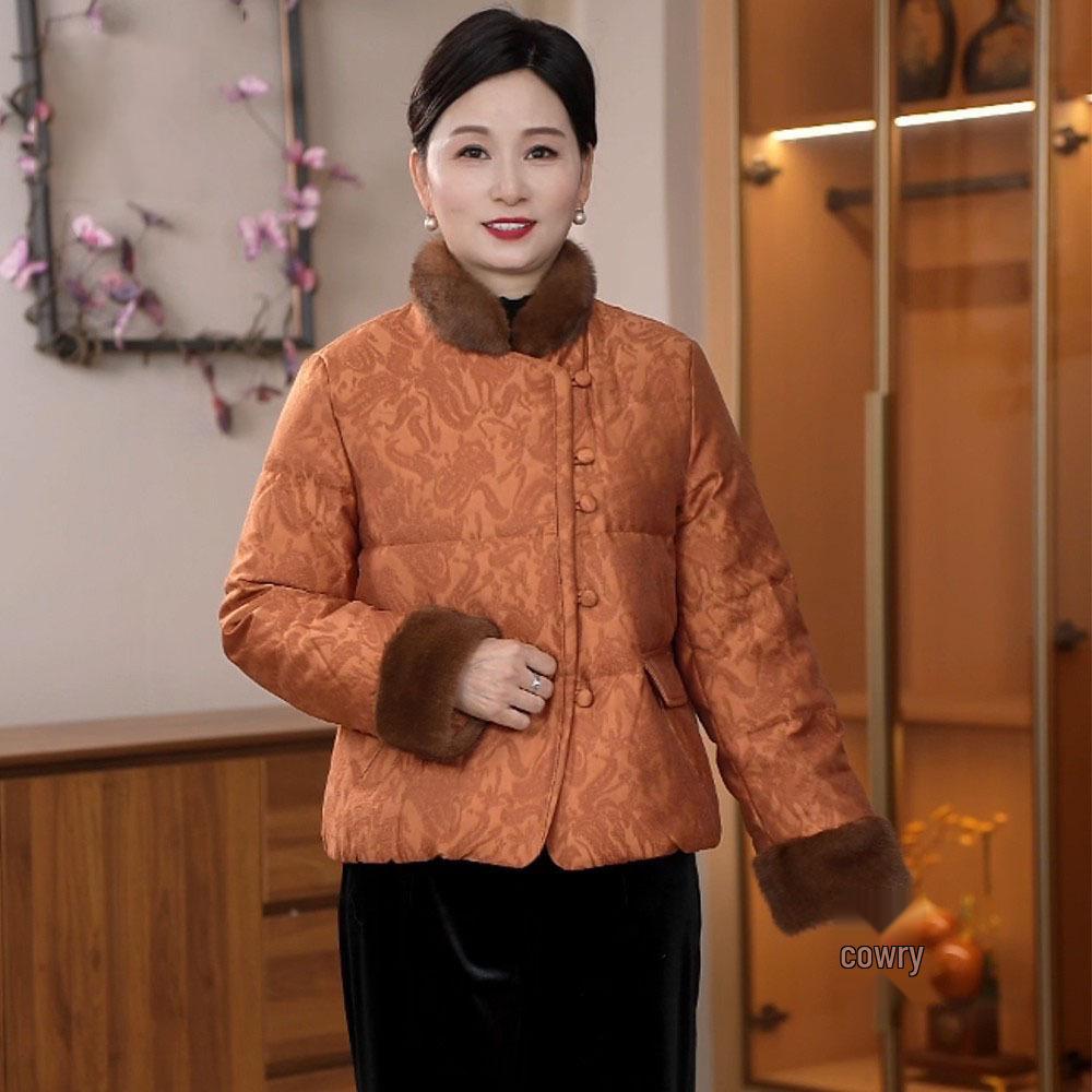 

2025 Women s Winter Down Jacket: Chinese Style, Fur Collar, Thickened White Goose Down for Middle-Aged & Elderly XL 105-120 lbs