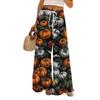 Ladies' Loose And Casual Halloween Printed Wide Leg Pants With Elastic Waistband Drawstring And Pocket Pants