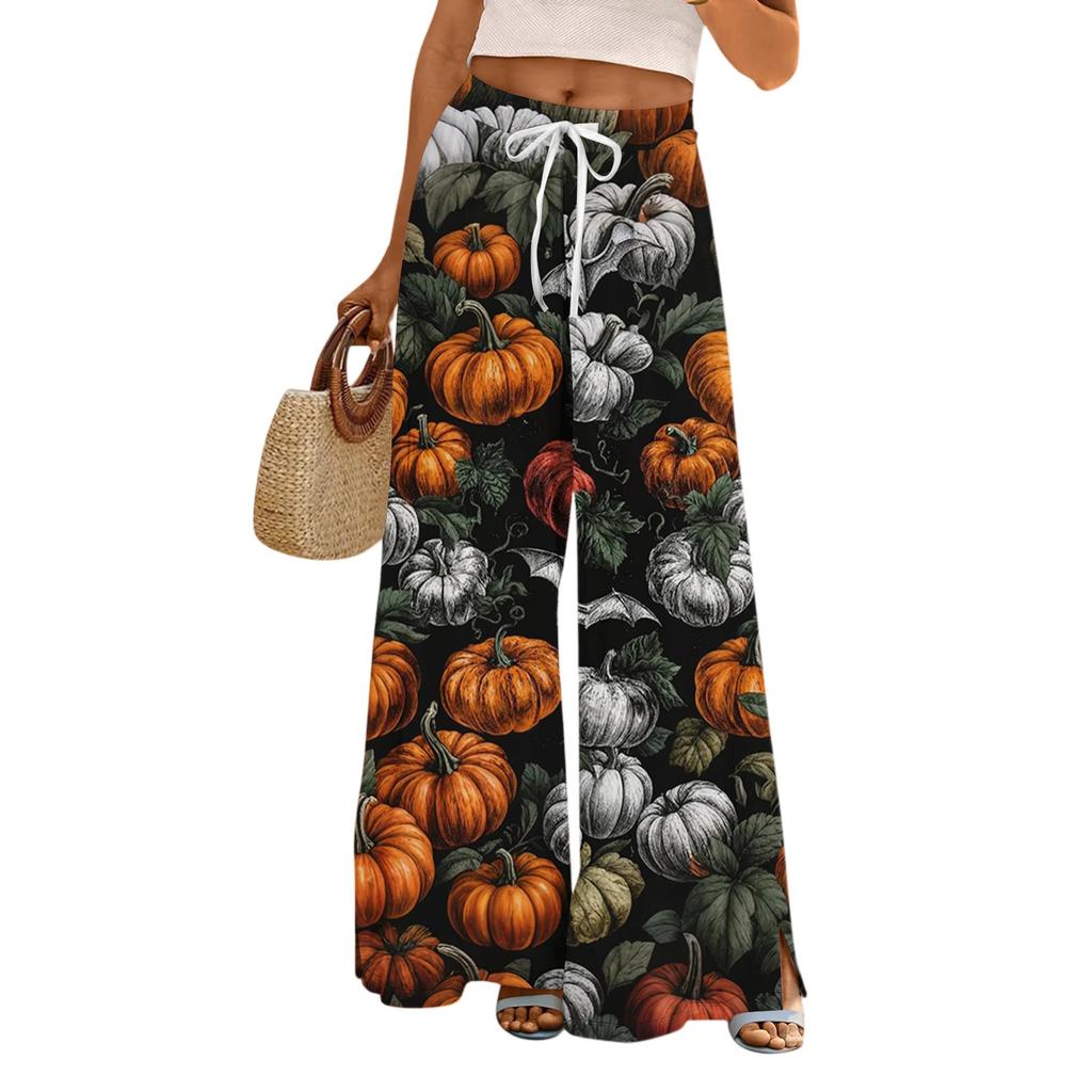 Ladies' Loose And Casual Halloween Printed Wide Leg Pants With Elastic Waistband Drawstring And Pocket Pants