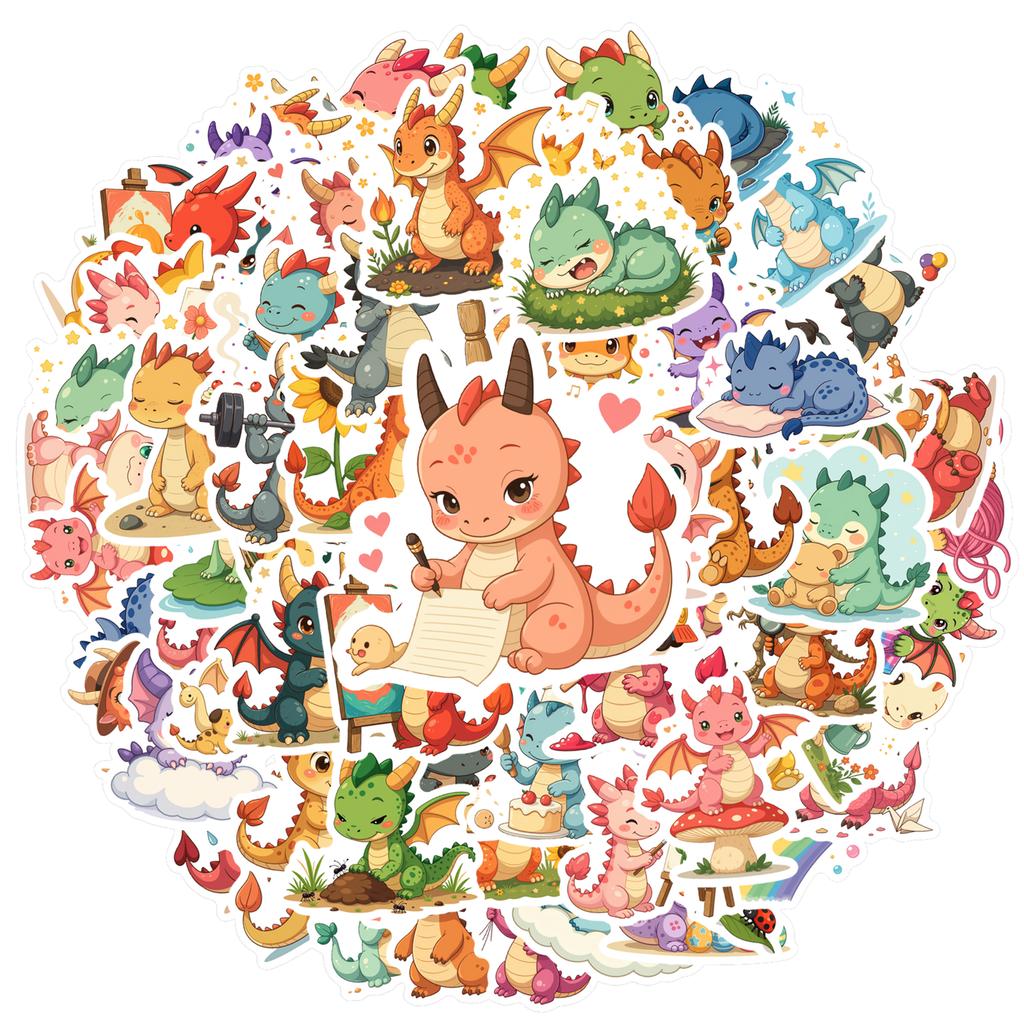 35pcs-70pcs Whimsical Fantasy World Stickers Playful Cute Dragons Stickers Stationery Stickers For Guitar DIY Bicycle