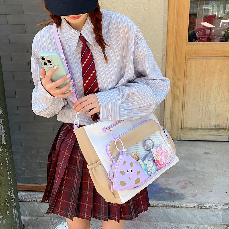 New Two-dimensional Girl Shoulder Bag Contrasting Color Splicing Primary and Secondary School Students Cute Class Make-up Storage Bag
