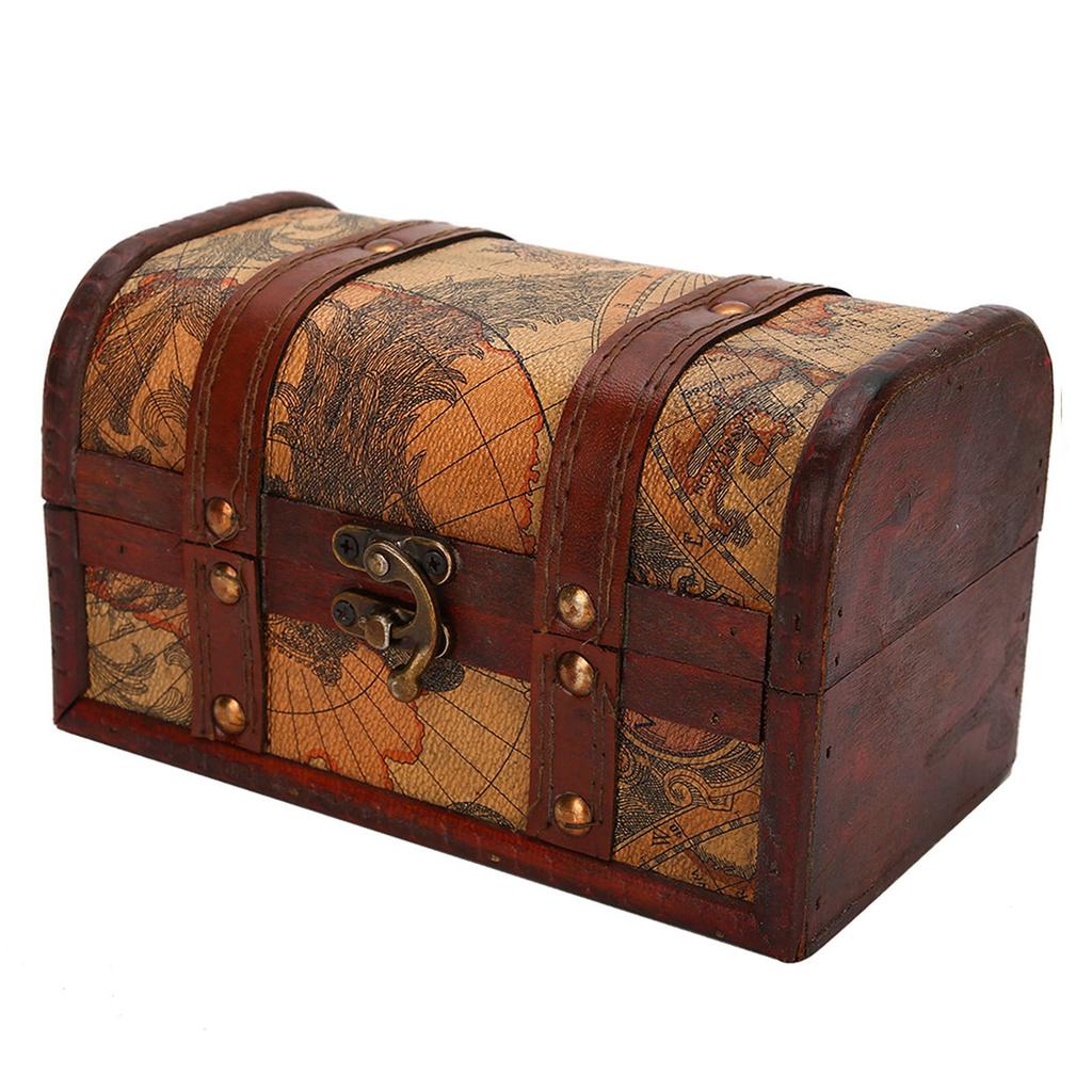 Vintage Wood Box Jewelry Storage Case Handmade Treasure Chest (Map)