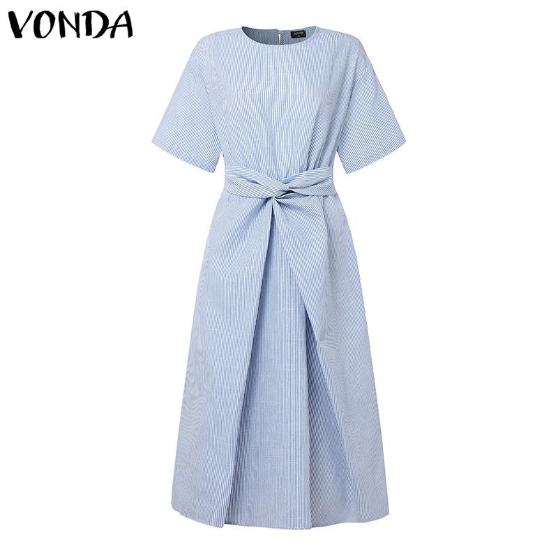 

VONDA Женское элегантное платье с коротким рукавом, в полоску, с перекрутом, повседневное, длинное 5XL светло-синий