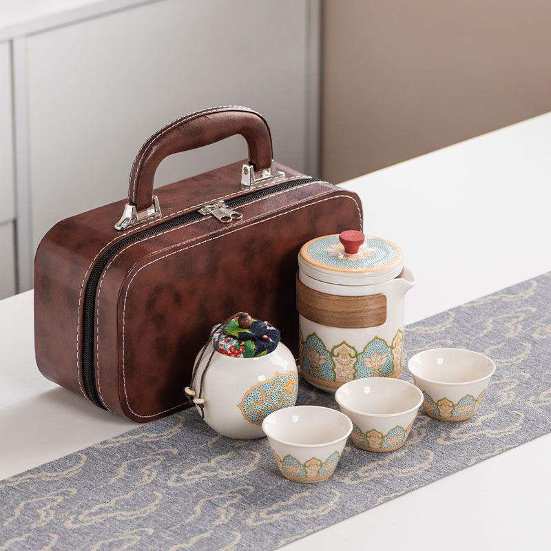 Ancient Charm Ceramic Travel Tea Set: Quick-Brew Pot with Three Cups for Outdoor Use - Customizable Logo Gift