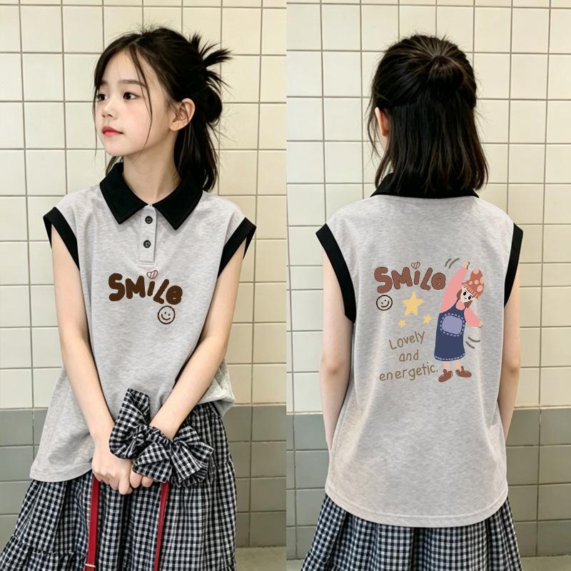 Girls' Stylish Patchwork Cotton Polo Top - Sleeveless Summer Fashion Shirt