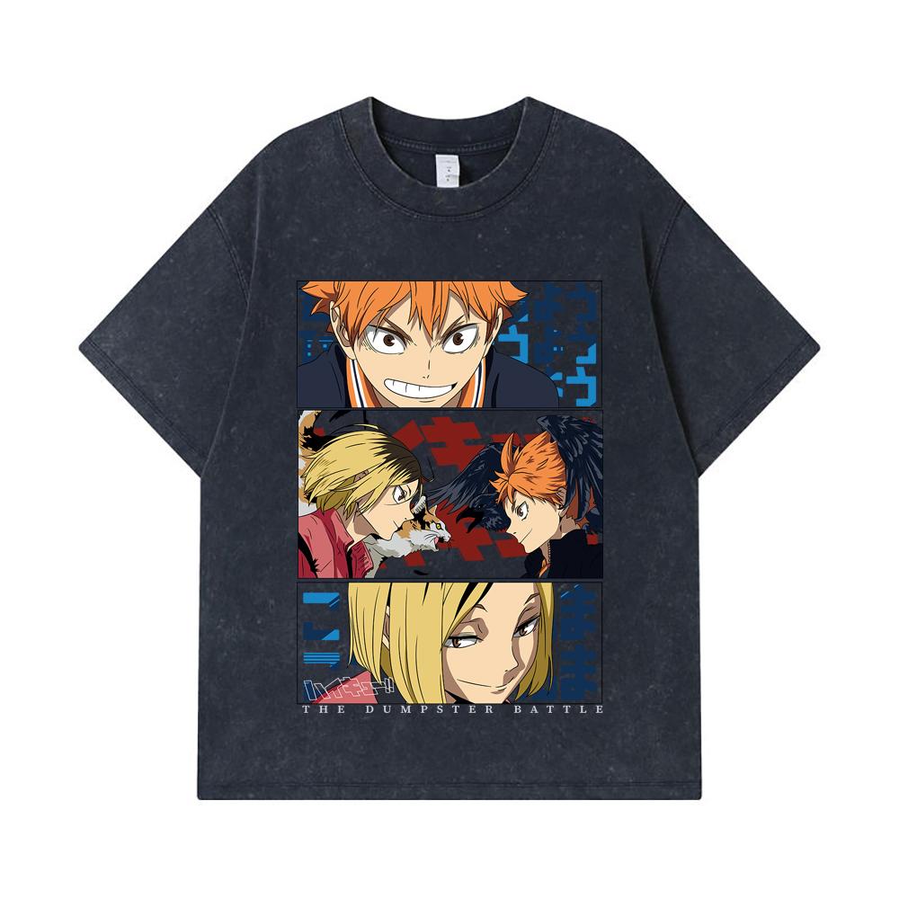 275 GSM Gewaschene T-Shirts 100% Baumwolle Haikyu V9 Mülltonnen-Schlacht Druck Unisex Schweres Baumwoll-T-Shirt