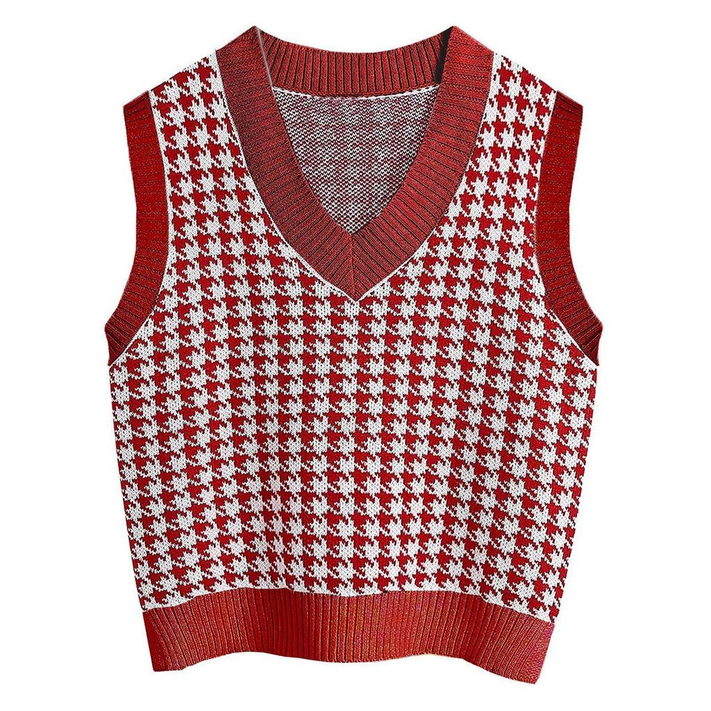 Women's Casual V-Neck Pullover Shirt Collision Color Sleeveless Sweater Vest