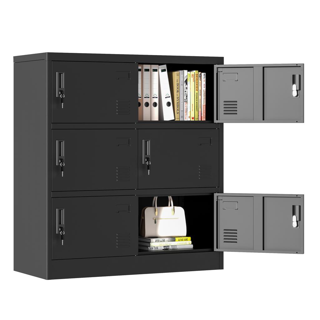 6-Door Metal Cabinets for Office, Gym, School & Home - Secure Storage Cabinet with Card Slot (Black). H 100 cm × B 90 cm × T 40 cm