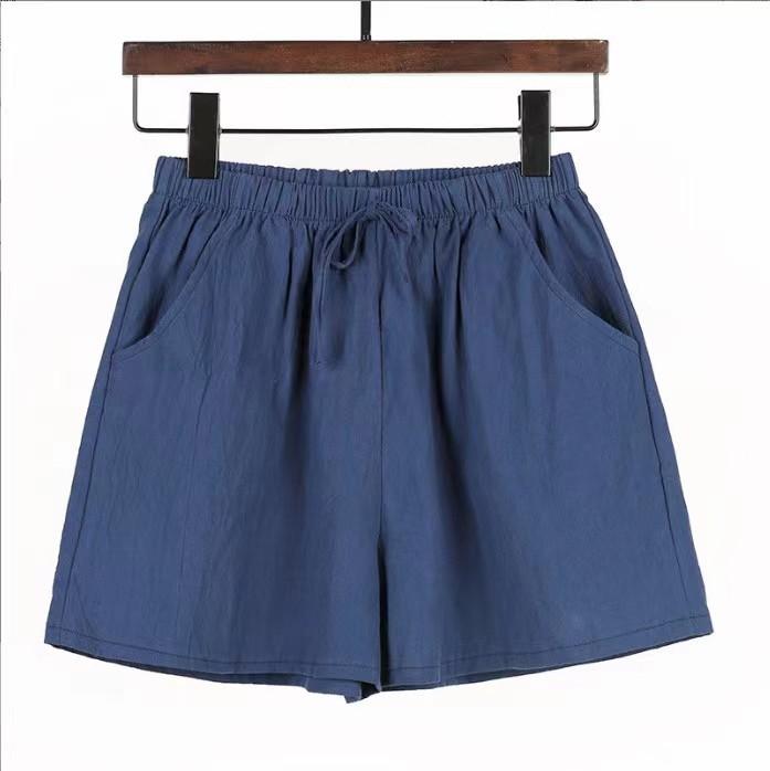 

High waist cotton and linen shorts women s summer elastic waist loose casual linen thin hot pants large size thin wide leg pants S тёмно-синий