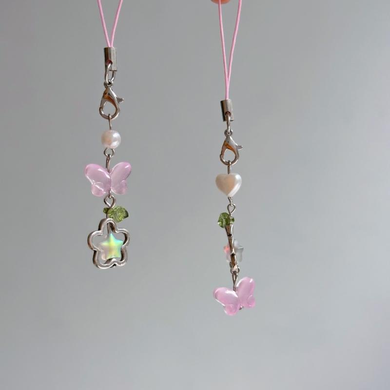 Ręcznie robiony łańcuszek do telefonu z koralików kwiat i motyl zawieszka do telefonu komórkowego kolorowy brelok wisiorek dodatek do telefonu komórkowego