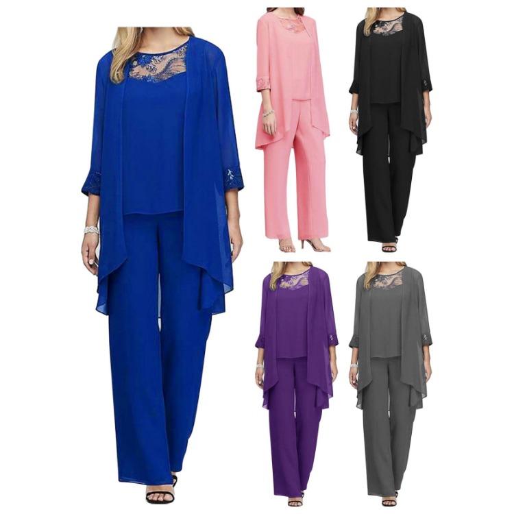 Übergröße Damen Chiffon Freizeit Set Elegante Spitze-Besetzte Schmale Gerade Hosen Dreiteiliges Set