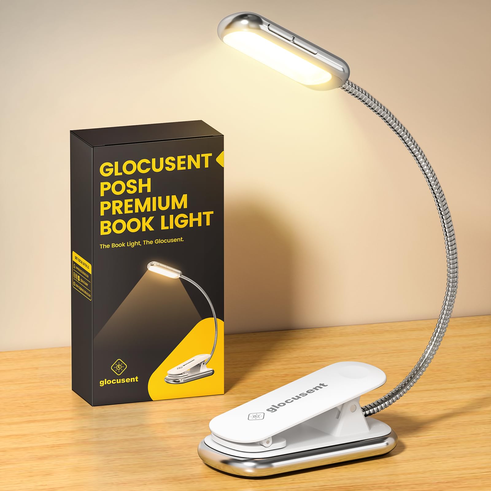 

Glocusent Posh Premium Reading Light, 3 Colors & 5 Brightness Settings, 30-Minute Timer, 16 LED Rechargeable Clip-on Light, 160 Hours of Light, Amber