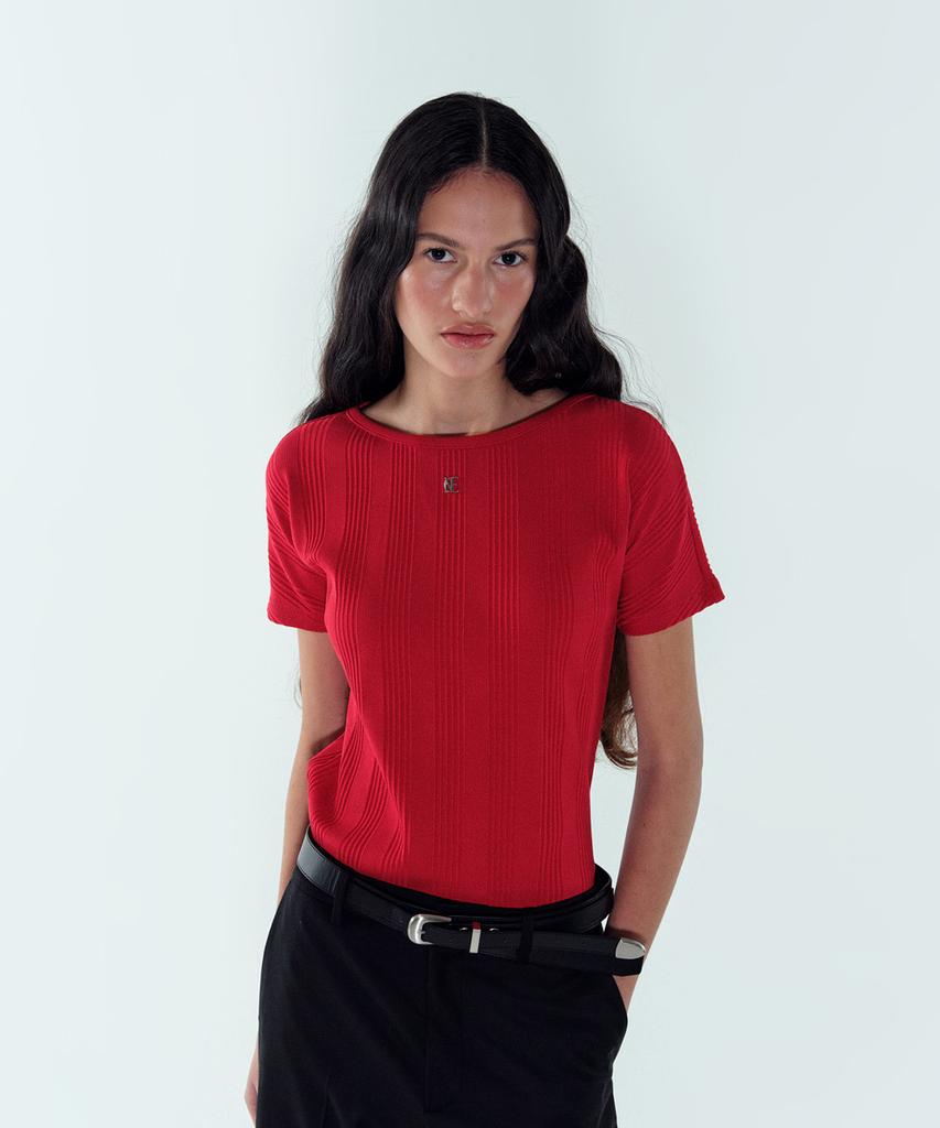 Noiseu W Boat-Neck Logo Ribbed T-Shirt - Red