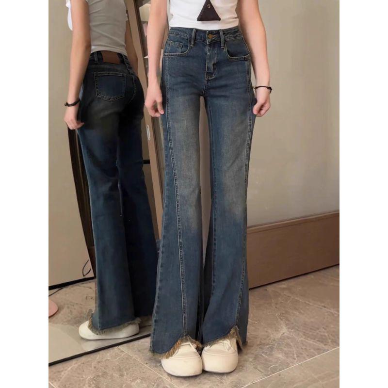 2025 Autumn Plus Size High Waist Blue Retro Frayed Micro-Flare Jeans for Women