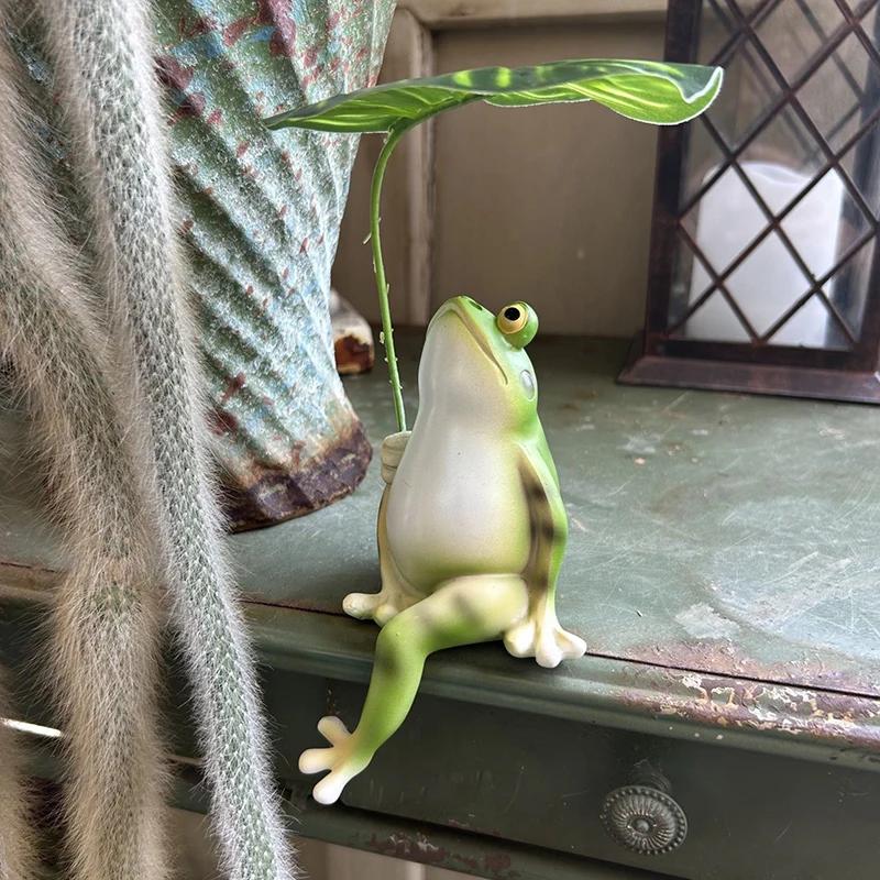 Cartoon Fun Cute Umbrella Frog Sculpture Jewelry Creative Lotus Leaf Frog Statue Aquarium Fish Tank Balcony Garden Decoration