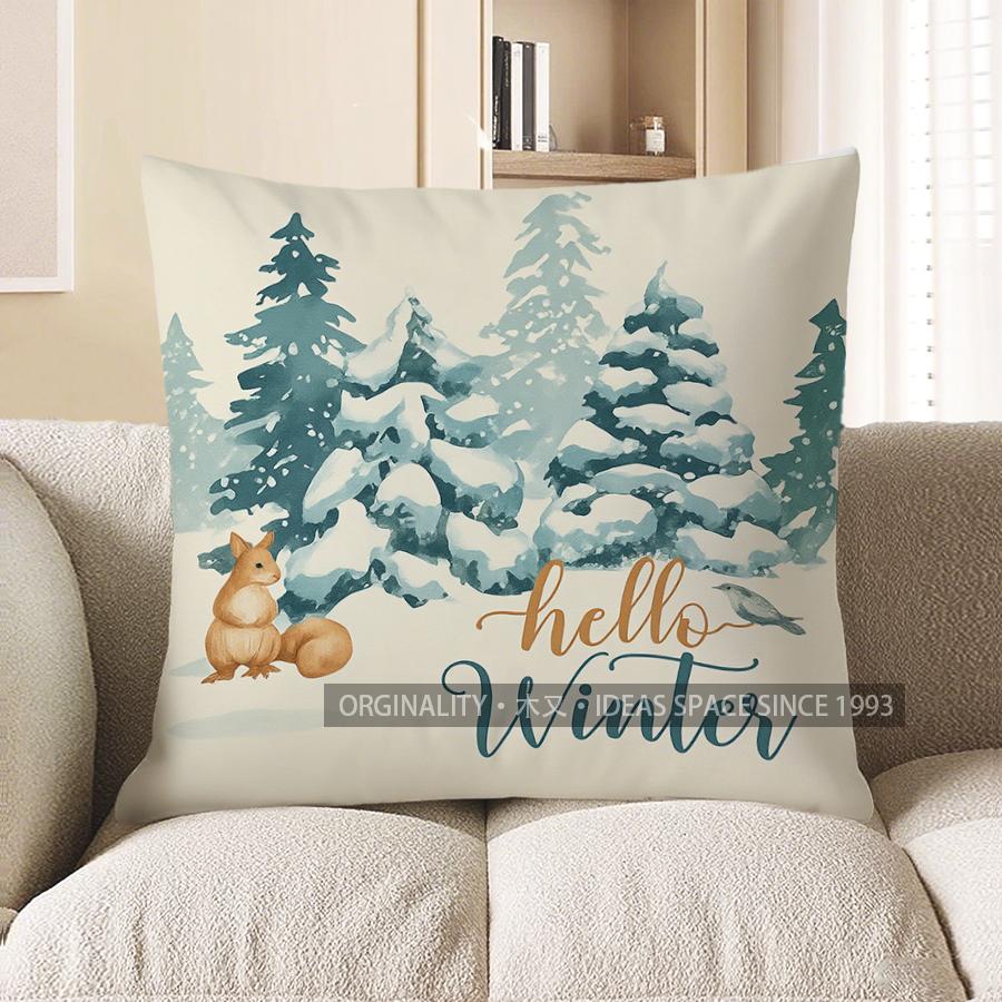 Home Decor Squirrel &amp; Winter Hello Throw Pillow Pattern Cushion Cover Suitable For Sofa Bedroom Car Pillow Cover