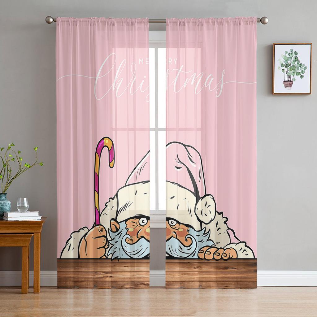 Rosa Weihnachtsbaum Schneeflocke Weihnachtsmann Tüllvorhänge für Wohnzimmer Schlafzimmer Dekor Chiffon Transparent Voile Küchenfenstervorhänge