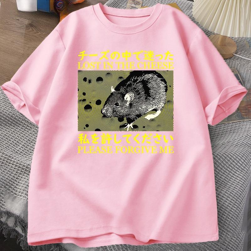 Japanese Style Lost In The Cheese Rat Tshirts Women Cotton Short Sleeve T Shirt Unisex Clothes Tshirts Oversized Streetwear Tops