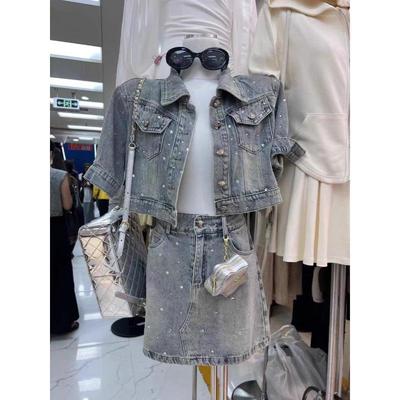 Chic Summer Rhinestone Denim Set: Retro Short-Sleeve Jacket + High-Waisted Shorts for Women