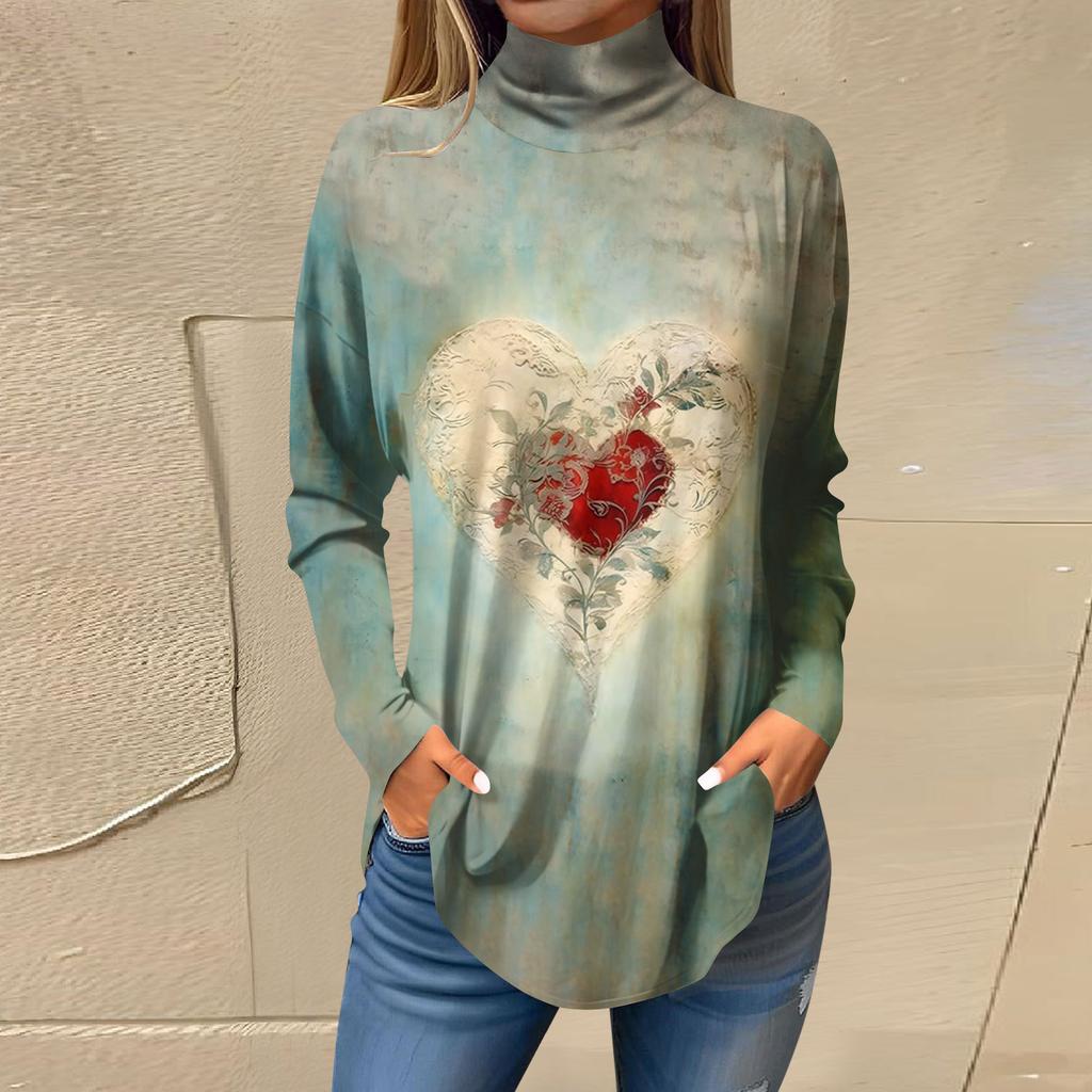 Tricouri pentru femei, toamnă, ocazional, cămăși cu mânecă lungă, hanorac, cu imprimeu vintage, cu gât înalt, pulover