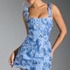 Floral Print Square Neck Sleeveless Wrap Tie Mini Dress High Waist Bodycon 2025