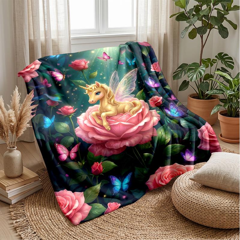 Fairy Unicorn Among Flowers Theme Blanket Lightweight Warm Flannel Blanket Decorative Throw Blanket for Home Decoration