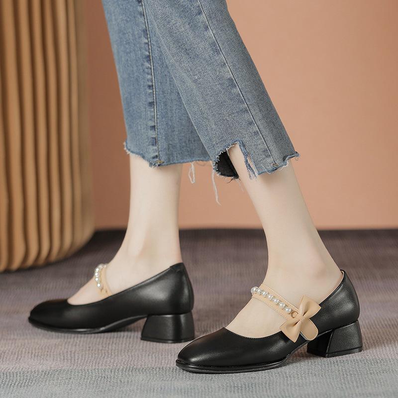 Chunky Heel Women's Mary Jane Shoes - Genuine Leather, Height-Boosting, Soft Low Heel, Perfect for Office Skirts, 3cm