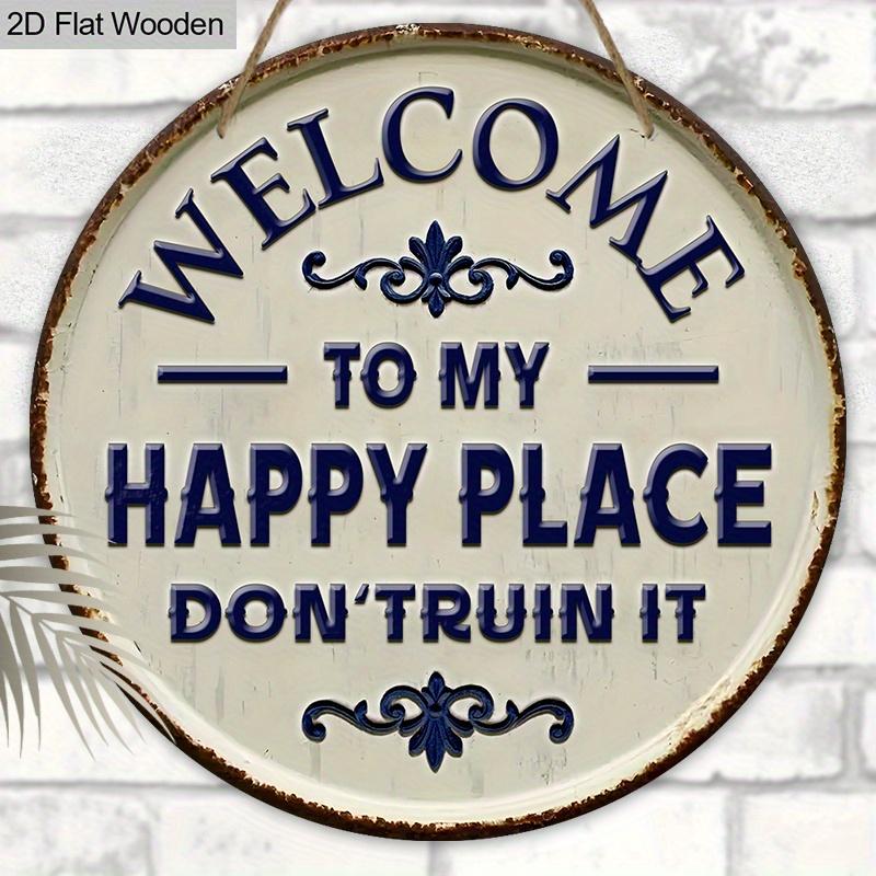 Panneau de Bienvenue en Bois Happy Place - Ornements de Figurines Uniques - Idéal pour Porte d'Entrée, Cour, Porche, Décoration de Pièce