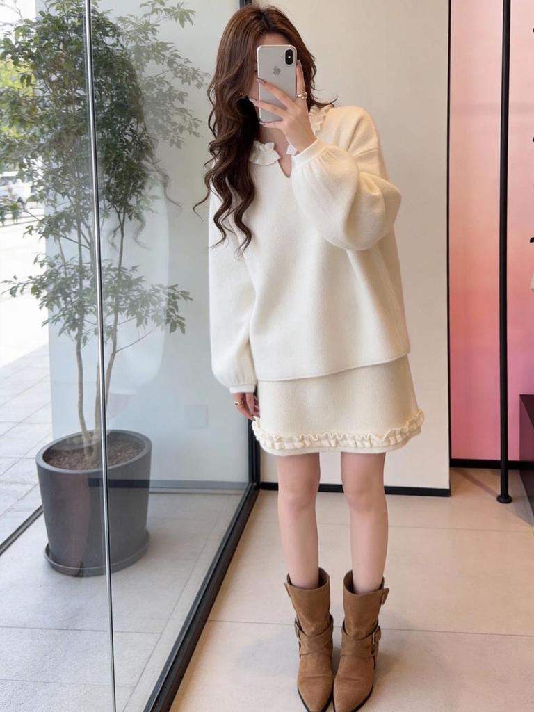 Elegant Winter Knit Sweater & Skirt Set with Lace V-Neck