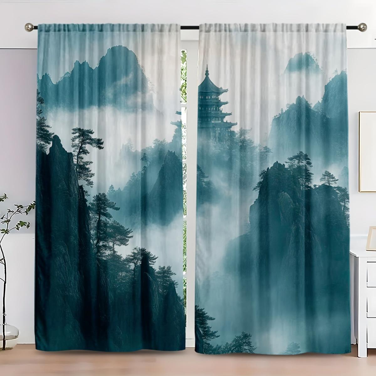 

Tranquil Mountain Pagoda Print Curtains Ultra Hd Misty Forest Design Foggy Peaks Semi Transparent Polyester Set Of 2 Made W100*H70(CM)-Grommet top&2PCS