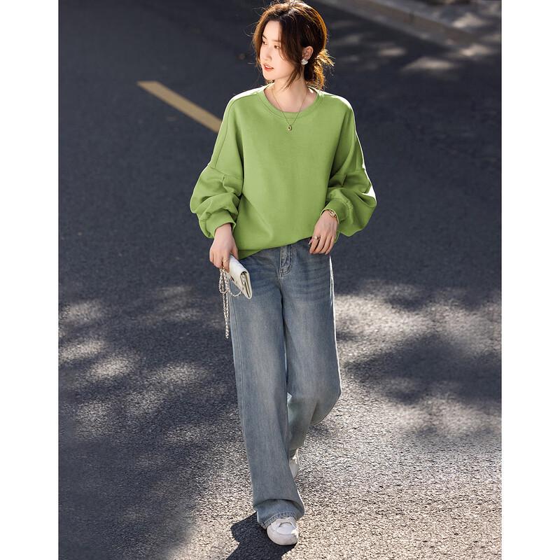 Demana Women's Relaxed Fit Round Neck Lantern Sleeve Air Layer Sweatshirt