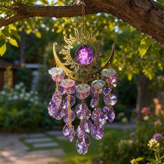 Boho Sun Moon Crystal Suncatcher, Hanging Garden Suncatchers, Sun Crystal Decoration for Window & Garden, Decorative Hanging Ornament