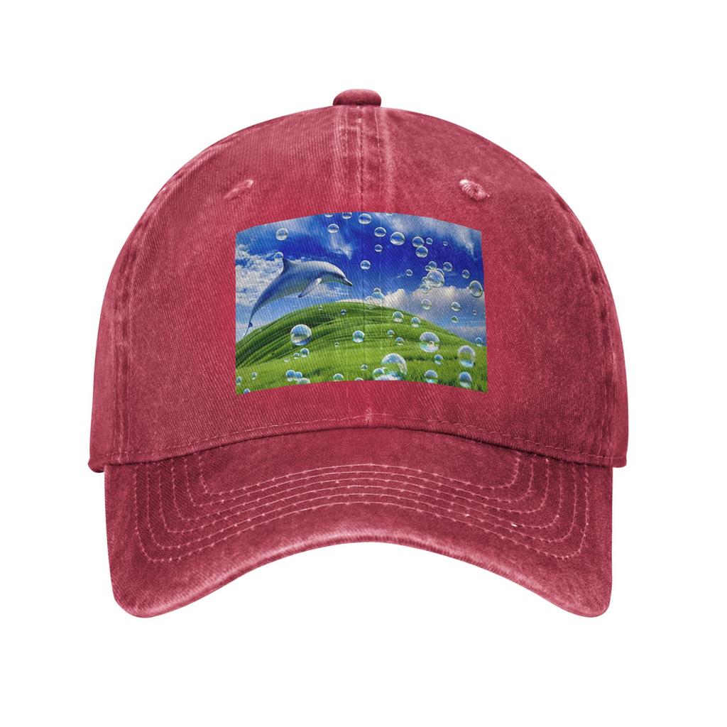 Frutiger Aero Dolphin y2k Aesthetic Meadow with Bubbles and Mountains and Sky Denim Fabric Cap Baseball Caps Hat Baseball Hats