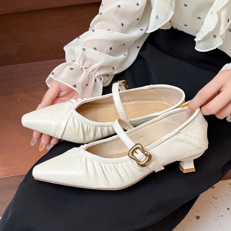 Women's Genuine Leather Pleated Point Toe Slip-on Mary Jane Flats 2cm Kitten Heel Elegant Ladies High Quality Soft Comfort Shoes