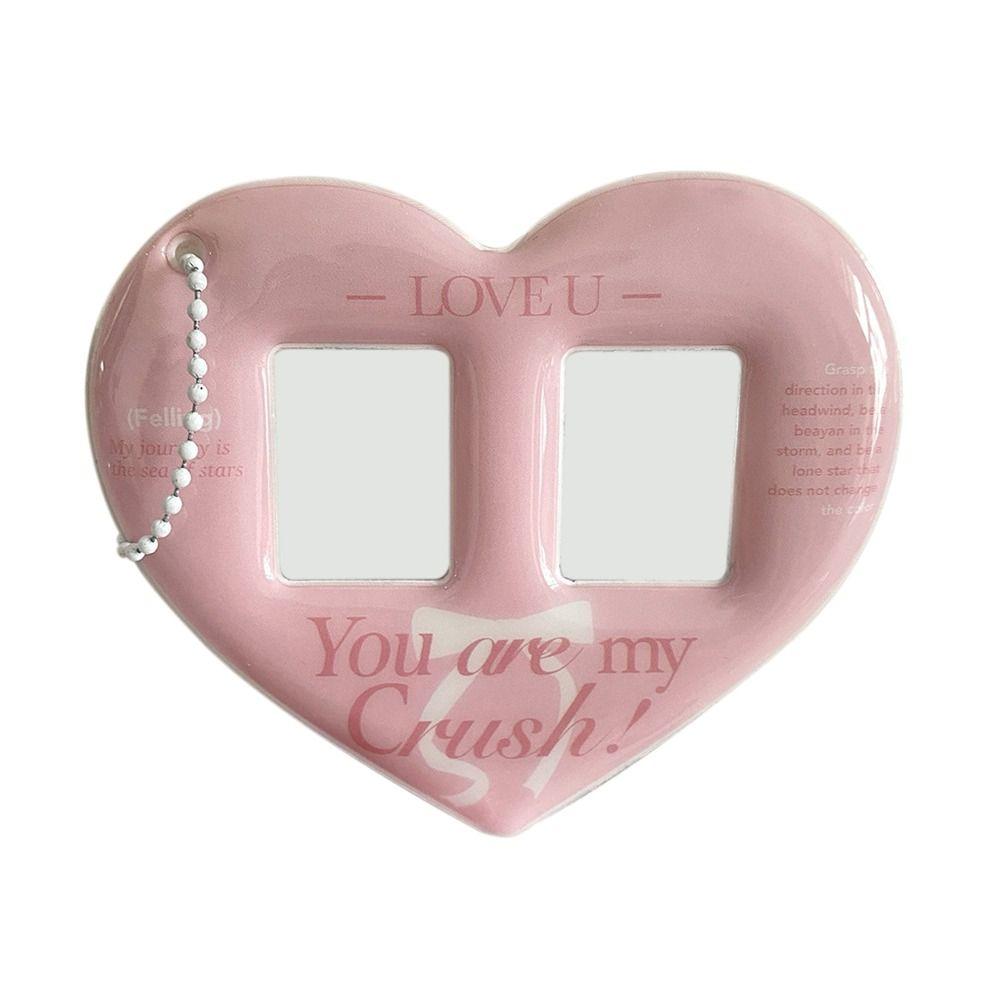 

Portable Pink Card Case Heart-shaped Double-Grid Photos Protective Cover Bag Pendant Keychain Photo Card Holder