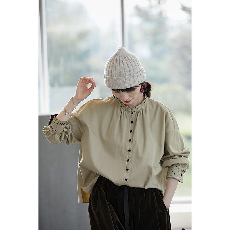 Original Women's Retro Green Hemp Stand-up Collar Embroidered Casual Shirt - New Chinese Style