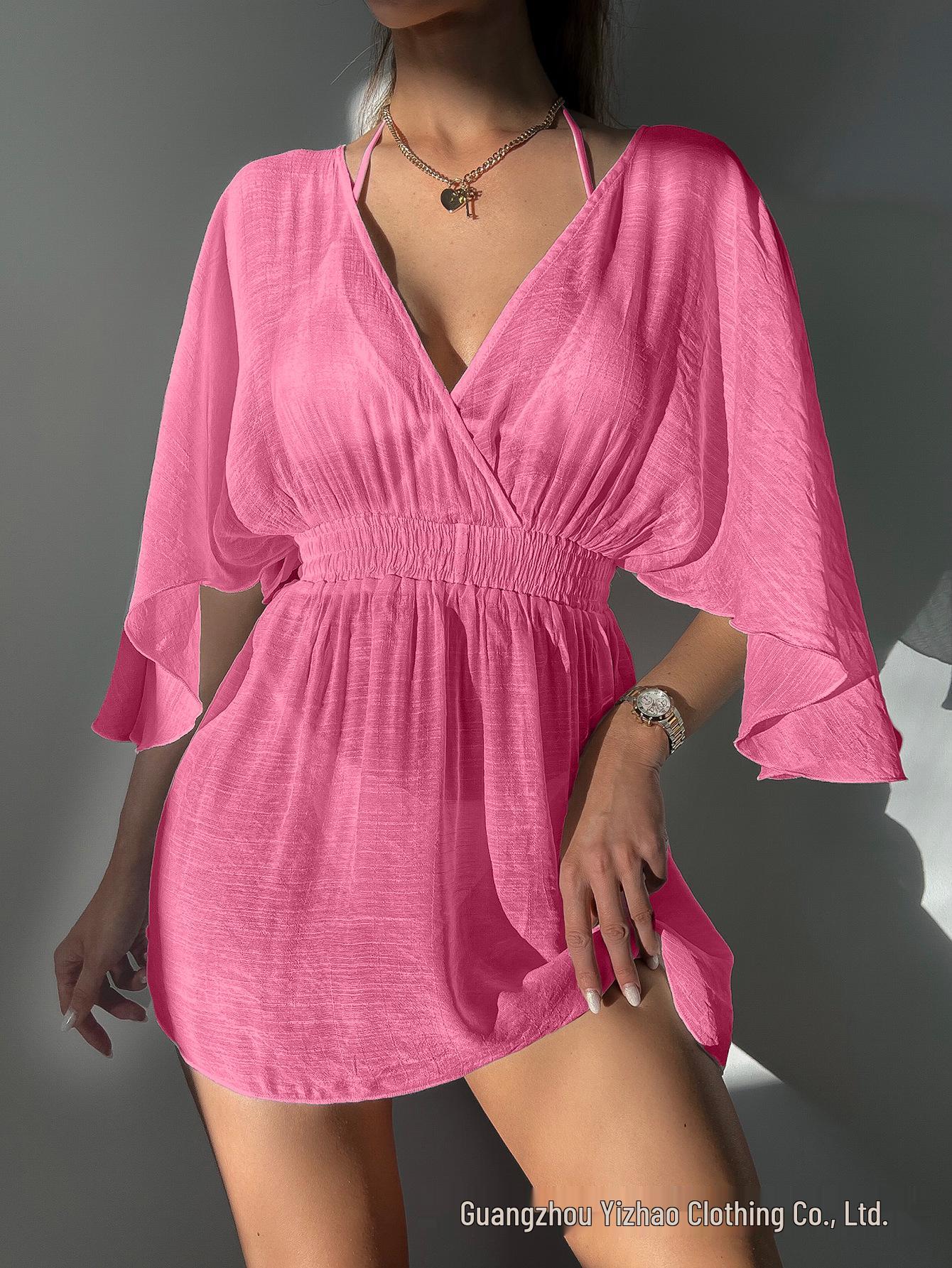 

Европейско-американское пляжное платье-накидка с V-образным вырезом на спине и завязкой на талии XL розы красного