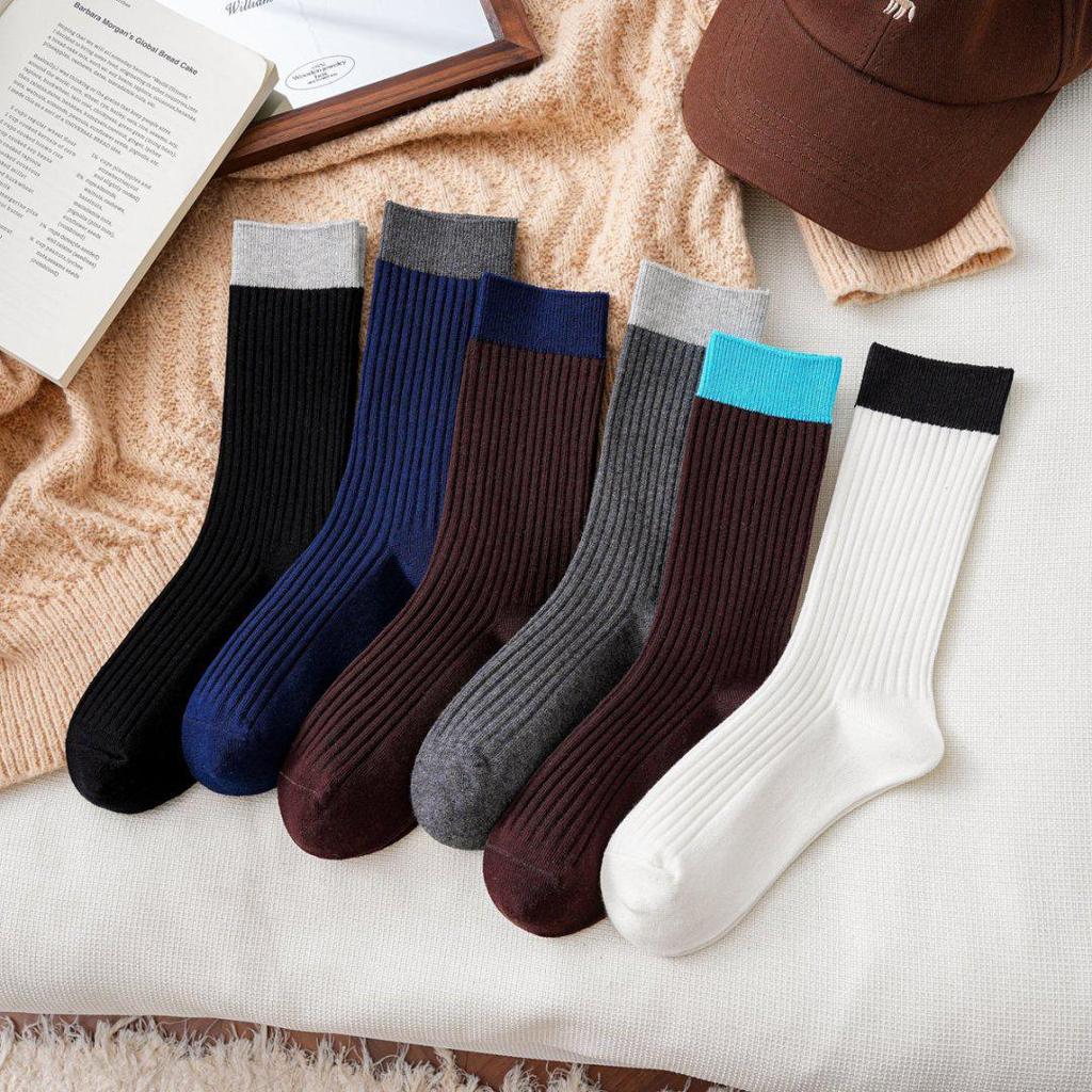 Retro Mid-Calf Slouchy Socks with Vertical Stripes - Spliced and Double-Stitched for Autumn and Winter. Versatile Ins Style.
