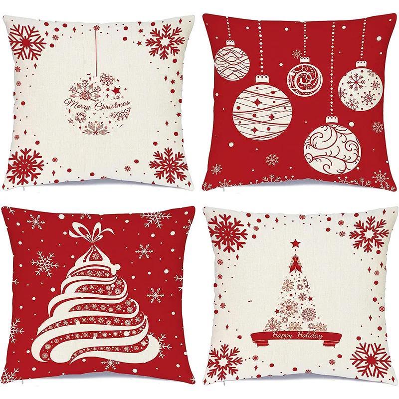 Merry Christmas Decor Cushion Cover 45x45 cm Pillow CaseCartoon Reindeer Santa Claus Printed Throw Pillowcase Linen Pillow Cover