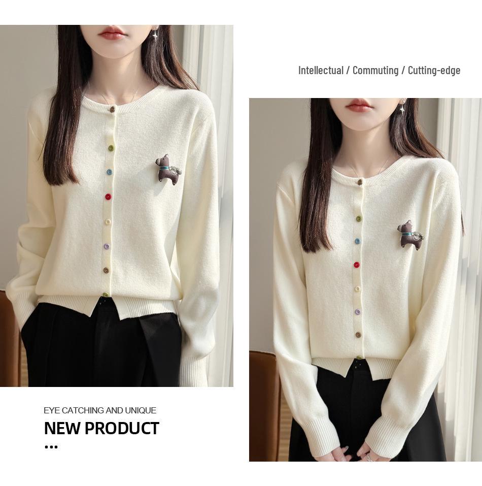 Spring 2026 Women's Knitwear Round Neck Cardigan with Colorful Buttons and Small Horse Design