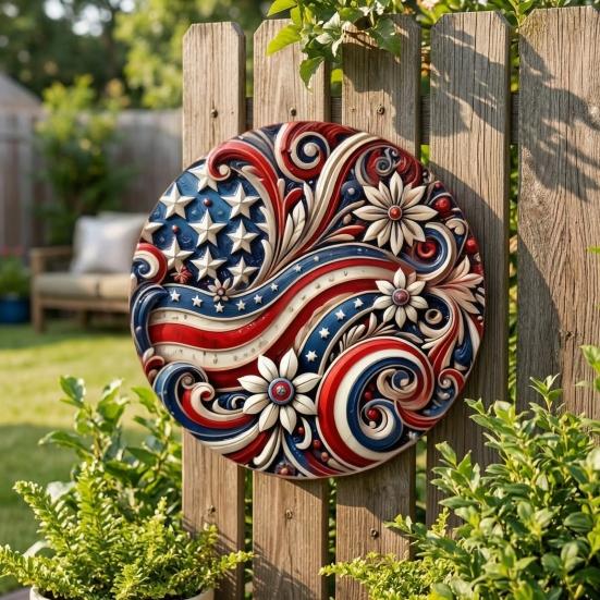 Patriotic Wall Hanging Decoration, Red White Blue Star Stripe Wooden Round Sign, 4th of July Front Door Wreath Alternative, Home Porch Decor
