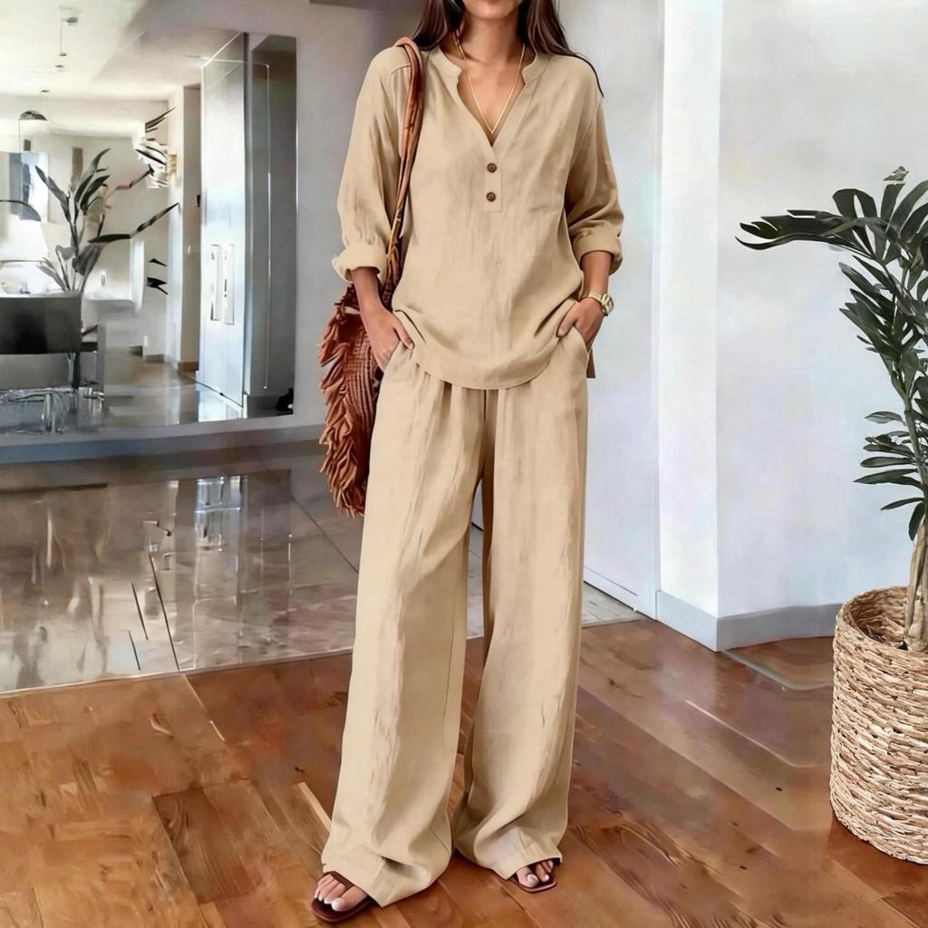 Women's Two-Piece -color Cotton And Linen Long-sleeved V-neck Top Straight-leg Casual Trousers Set