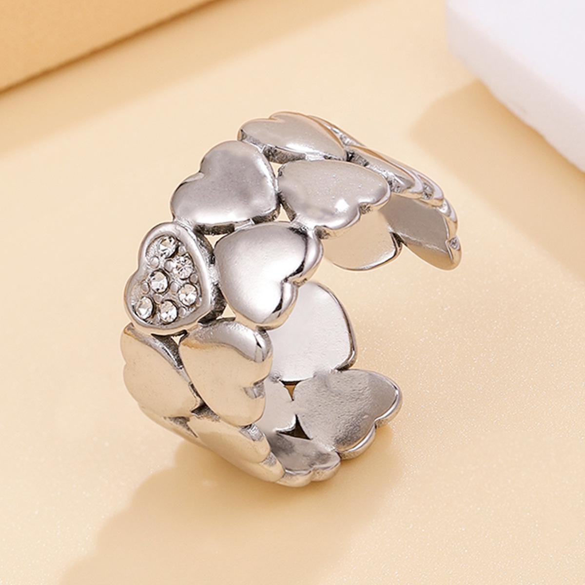 18K Gold Plated Stainless Steel Ring with Diamond Inlaid Heart Design