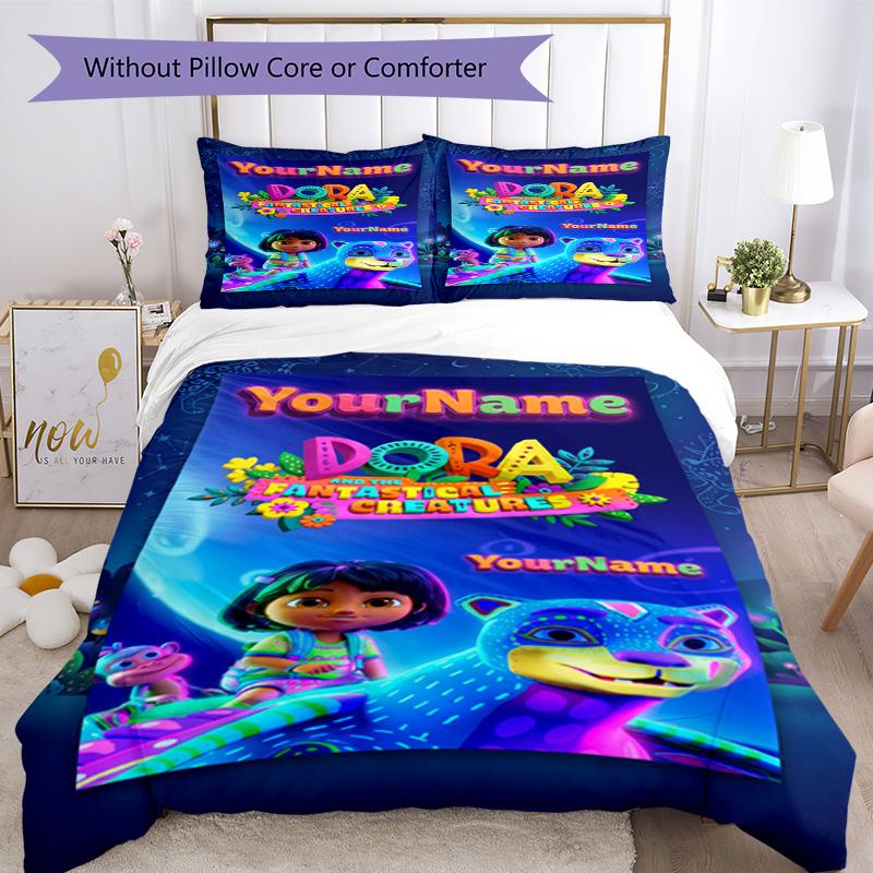 Dora Explorer Customize Your Name Bedding Set Breathable Duvet Cover with Pillowcases Home Decoration Birthday Gift