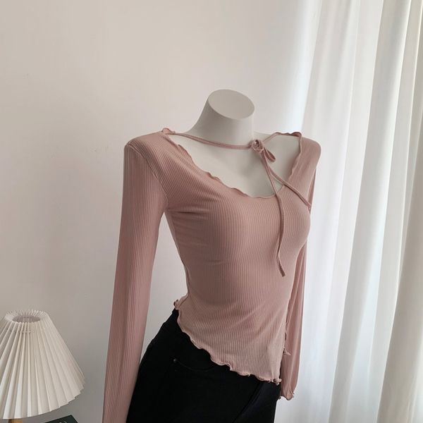 Unregelmäßiger Saum Schlitz Rosa Einzigartiges Langarm Figurbetontes T-Shirt Basisschicht Sonnenschutz Oberteil