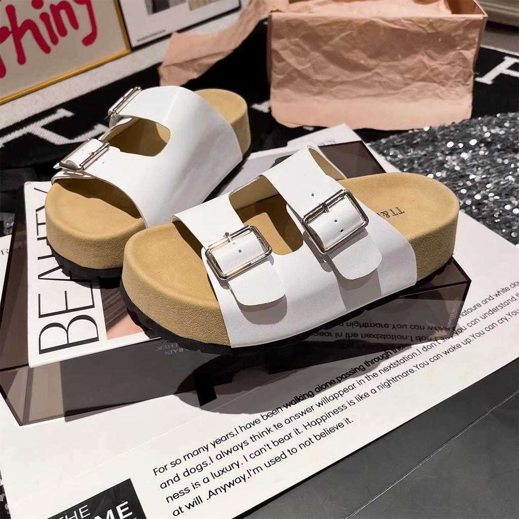 Metal buckle Internet celebrities with the same thick-soled muffin summer new one-word small sandals to wear slippers outside the beach women's shoes