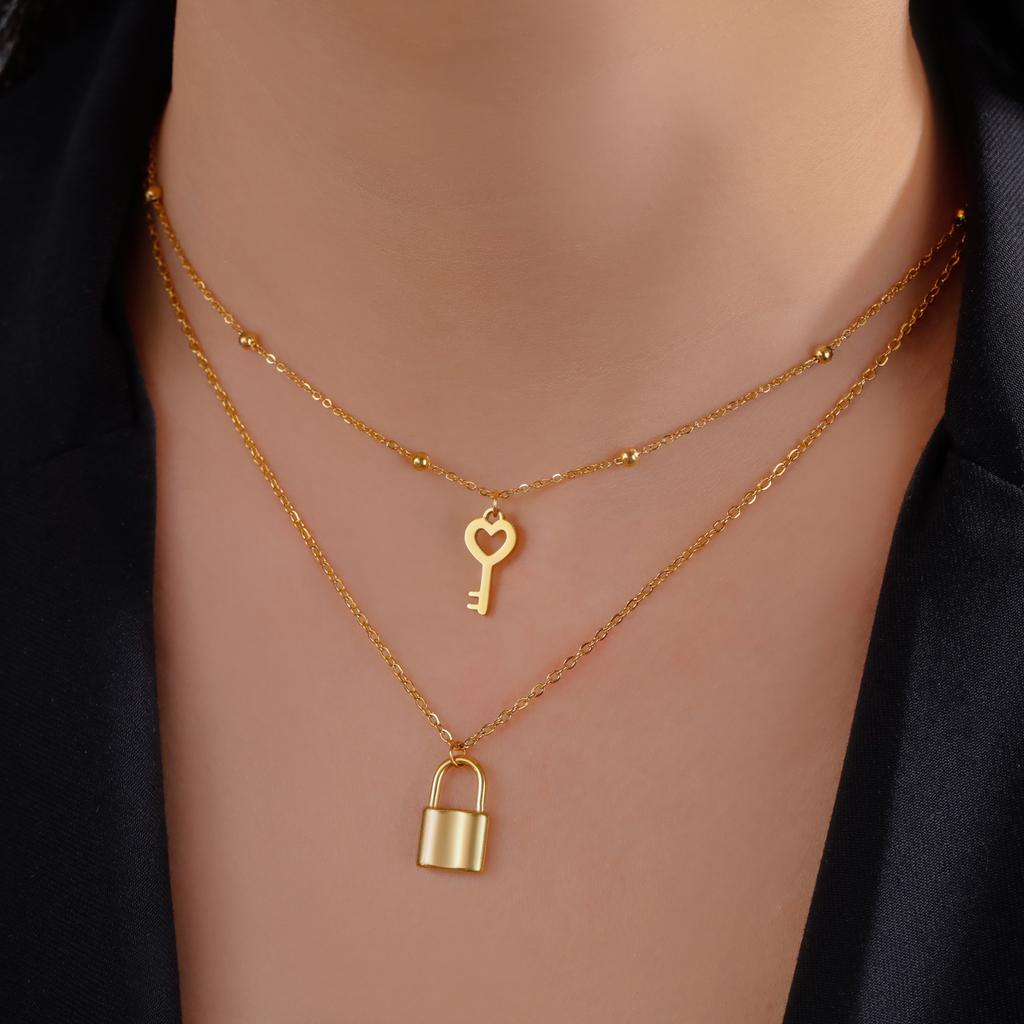 Skyrim Key Padlock Pendant Stainless Steel Necklace Gold Color Women Double Layer Chain Necklaces Trendy Jewelry Wedding Gifts