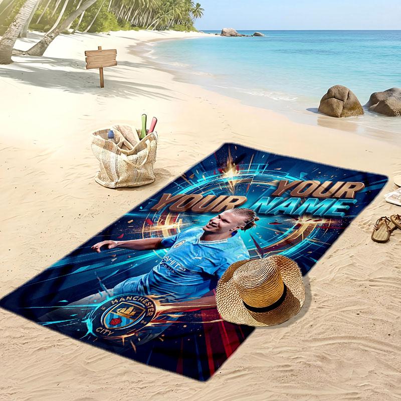 Asciugamano da Spiaggia Personalizzato Stampato Erling Haaland Logo Calcio Supporto Nome Personalizzato Testo Asciugamano Assorbente Per Sport Viaggio Regalo Speciale