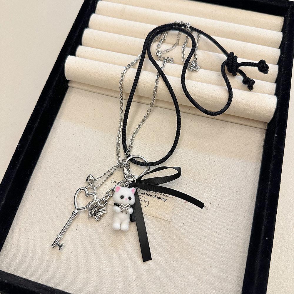 

New Sweet Cute Cat Pendant Necklaces Couple Bow Heart Key Necklaces Minimalist Daily Wear Party Dating Jewelry Accessories Gifts белый