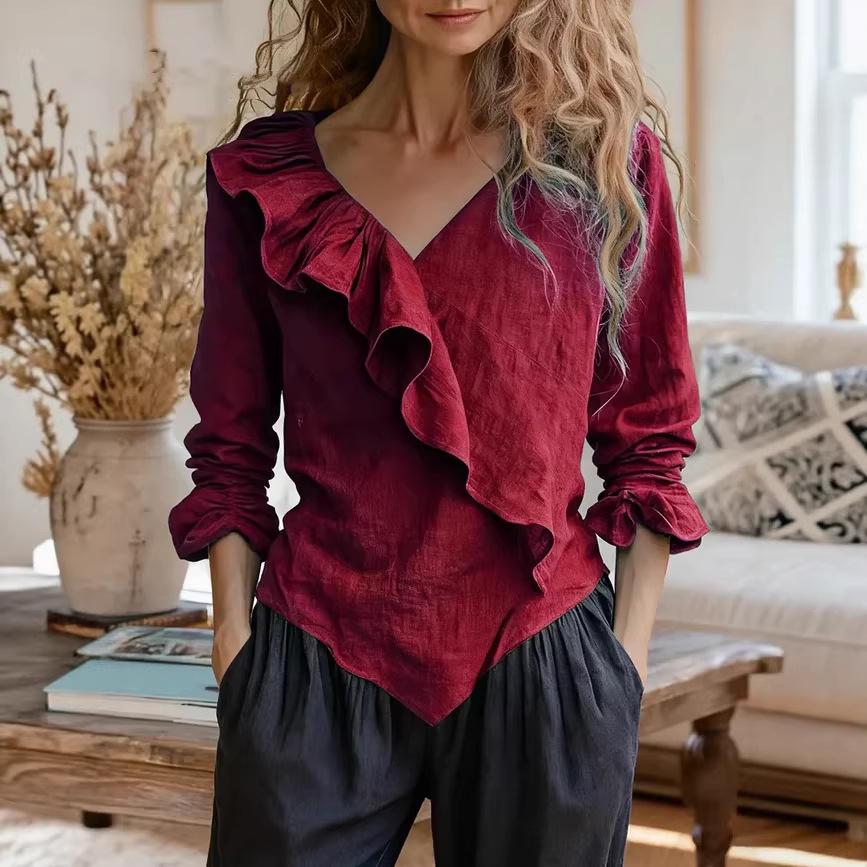 2026 Women's V-Neck Long Sleeve Ruffle Cotton Linen Top